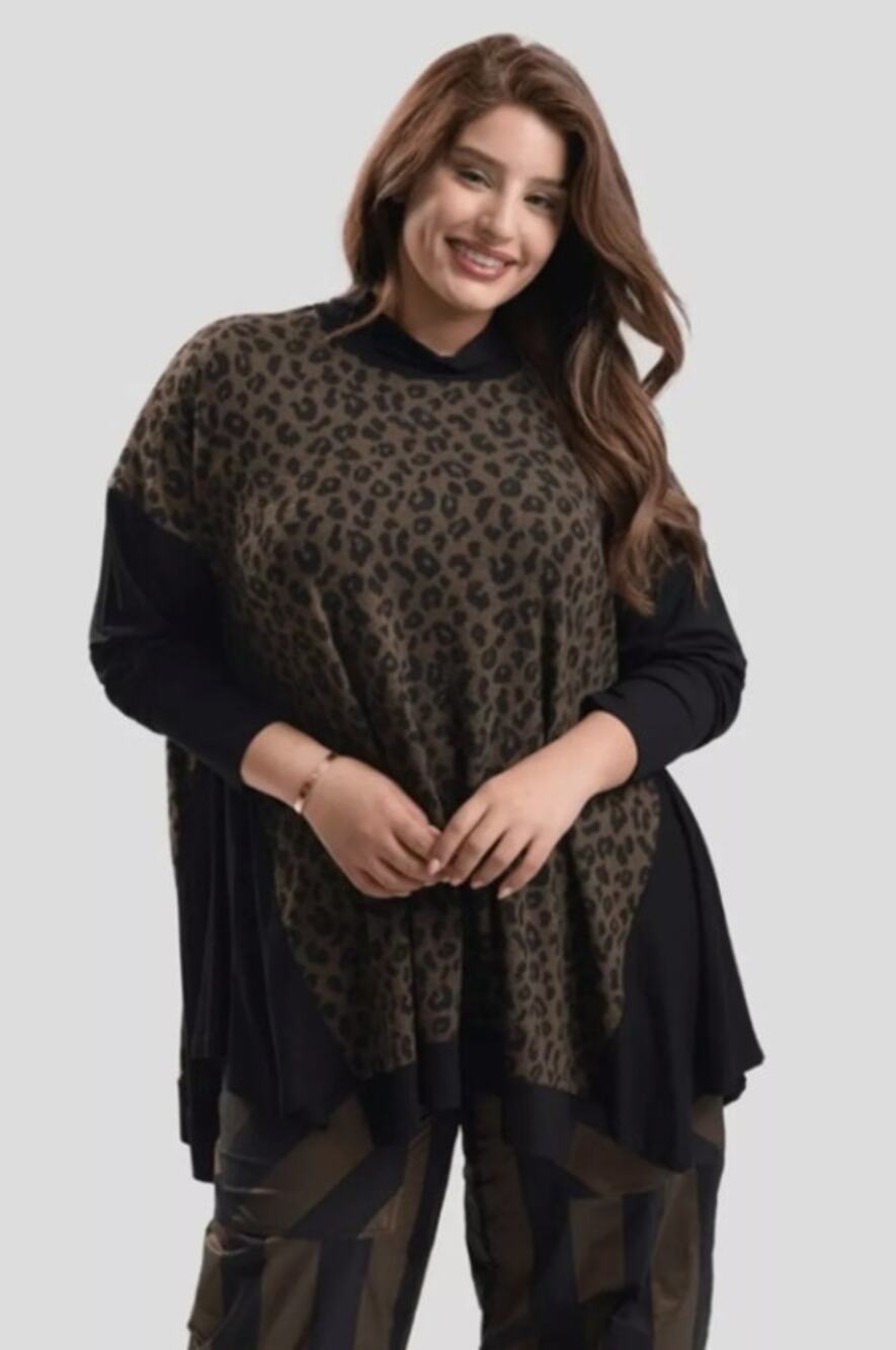 Alembika Chiu Oversized Cheetah Mock Neck Top Women XL Brown